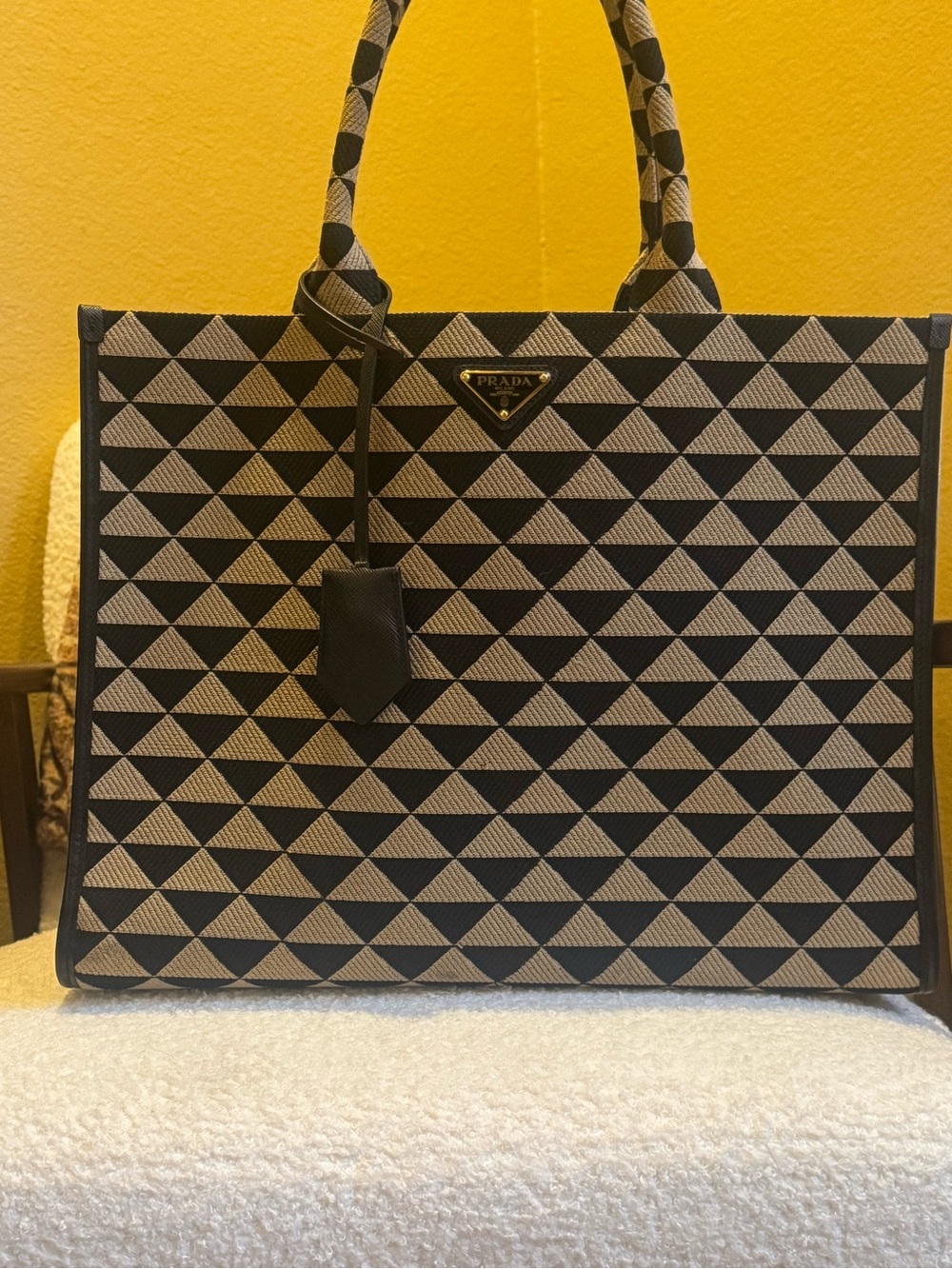 Prada Black and Beige Geometric Canvas Tote